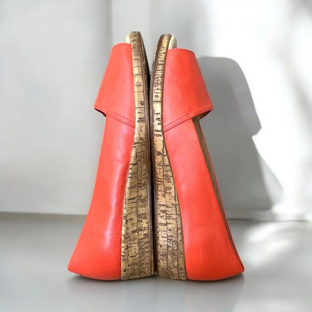 Michelle D Ellena Leather Low Wedge Open Toe Shoe in Coral Size 6 1/2